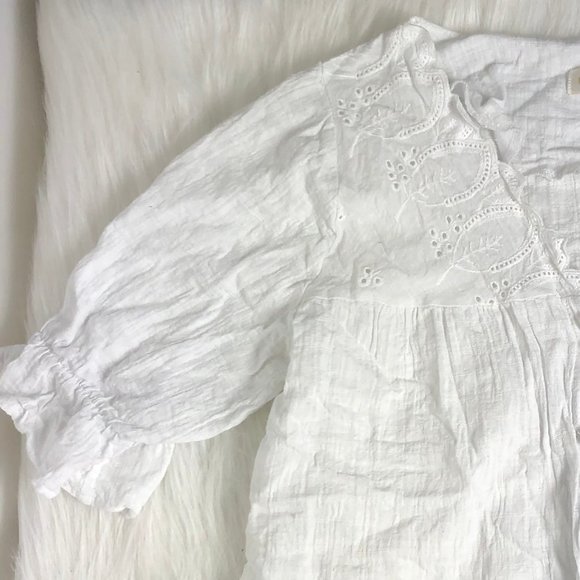 White Leaves Eyelet V Neck Button Tea Blouse M - Picture 5 of 10